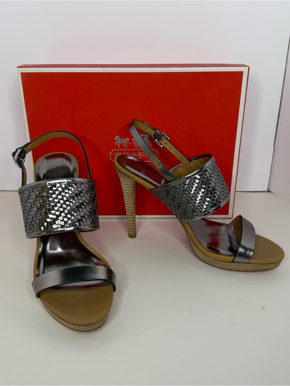 Coach Metallic Gray Woven Leather High Heel Sandals
